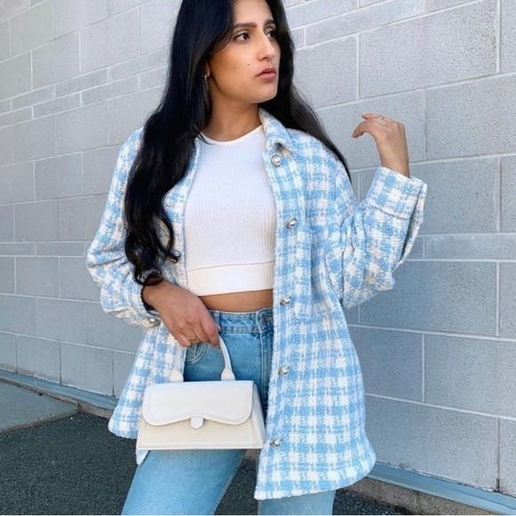 Zara Blue White Houndstooth Tweed Pearl Jewel Button Overshirt Shacket Jacket M - Picture 8 of 11